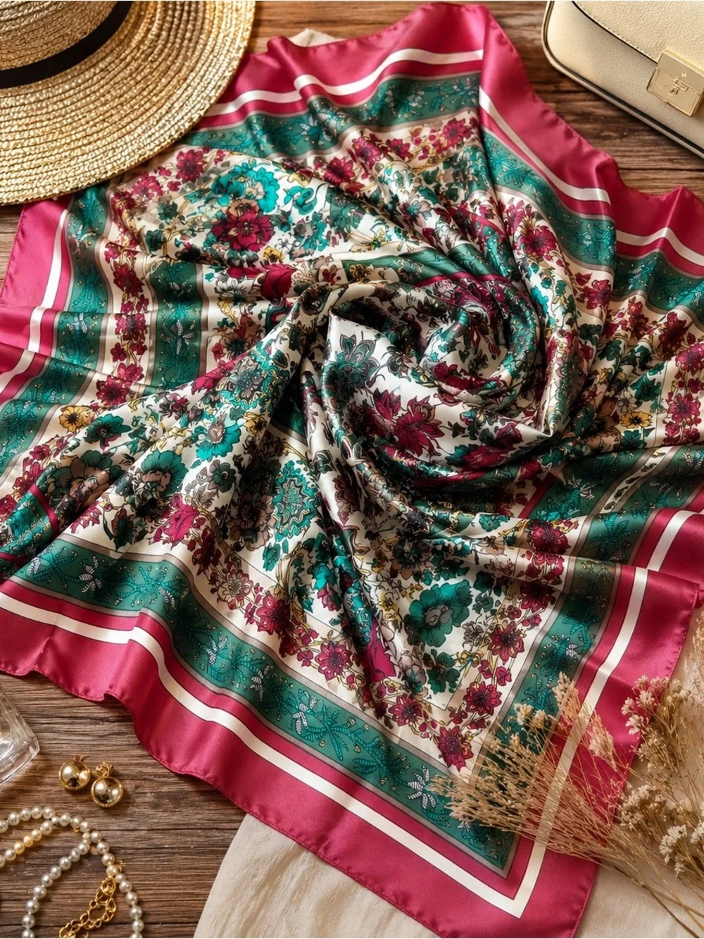 Vintage 41” Floral Silk Scarf Square Pink Green  Neck Hair Wrap Boho